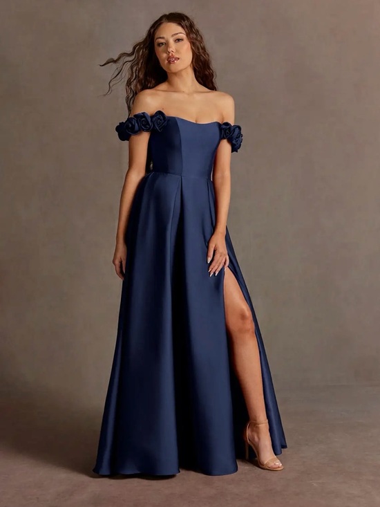 Azazie Dresses & Skirts - Azazie Navy Off-Shoulder Maxi Dress with Rose Strap Detail